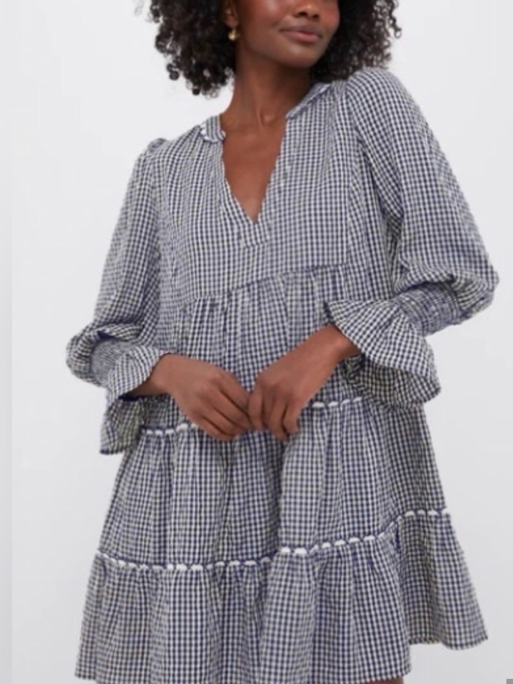 POMANDER PLACE  Navy gingham KenzoTiered V-Neck mini dress